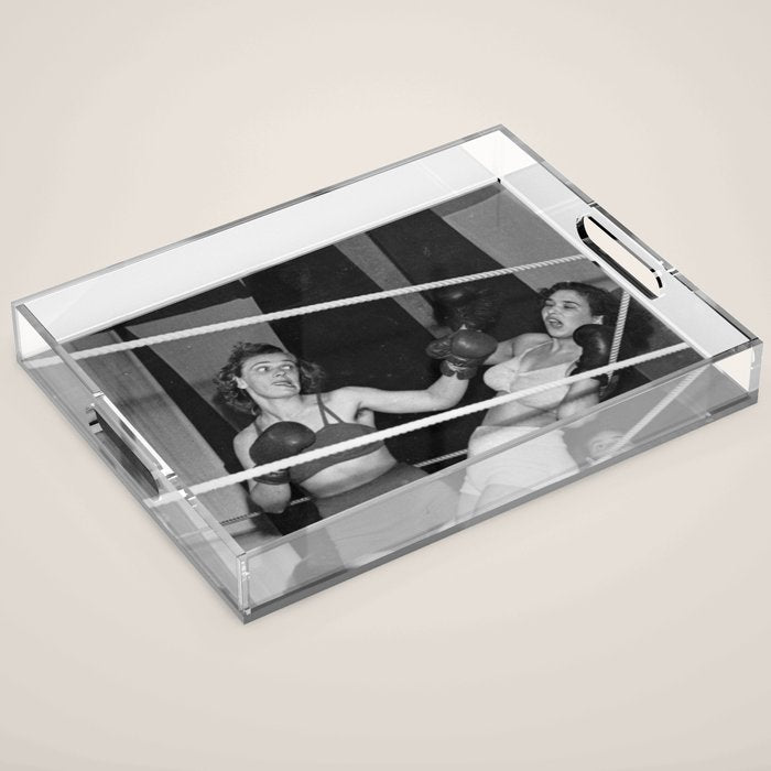 Oh, no she didn't! female boxer knocking out other female boxer vintage sports black and white photograph - photography - photographs Acrylic Tray Gallery Image 1
