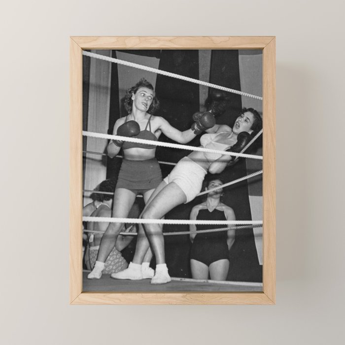 Oh, no she didn't! female boxer knocking out other female boxer vintage sports black and white photograph - photography - photographs Mini Art Print Gallery Image 1