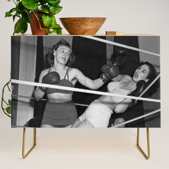 Oh, no she didn't! female boxer knocking out other female boxer vintage sports black and white photograph - photography - photographs Credenza Gallery Image 1