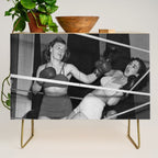 Oh, no she didn't! female boxer knocking out other female boxer vintage sports black and white photograph - photography - photographs Credenza Gallery Image 1