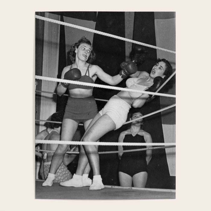 Oh, no she didn't! female boxer knocking out other female boxer vintage sports black and white photograph - photography - photographs Poster Gallery Image 4