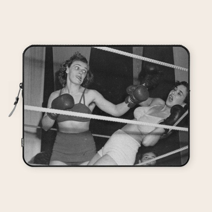 Oh, no she didn't! female boxer knocking out other female boxer vintage sports black and white photograph - photography - photographs Laptop Sleeve Gallery Image 1