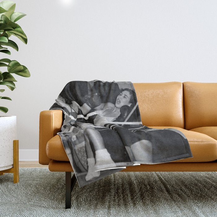 Oh, no she didn't! female boxer knocking out other female boxer vintage sports black and white photograph - photography - photographs Throw Blanket Gallery Image 1