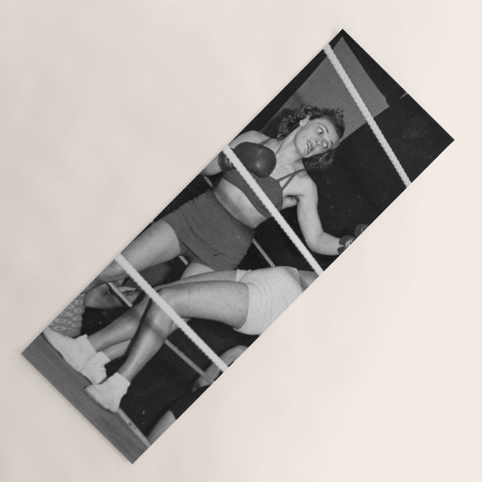 Oh, no she didn't! female boxer knocking out other female boxer vintage sports black and white photograph - photography - photographs Yoga Mat Gallery Image 1