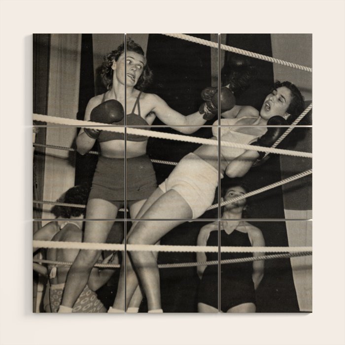 Oh, no she didn't! female boxer knocking out other female boxer vintage sports black and white photograph - photography - photographs Wood Wall Art Gallery Image 1