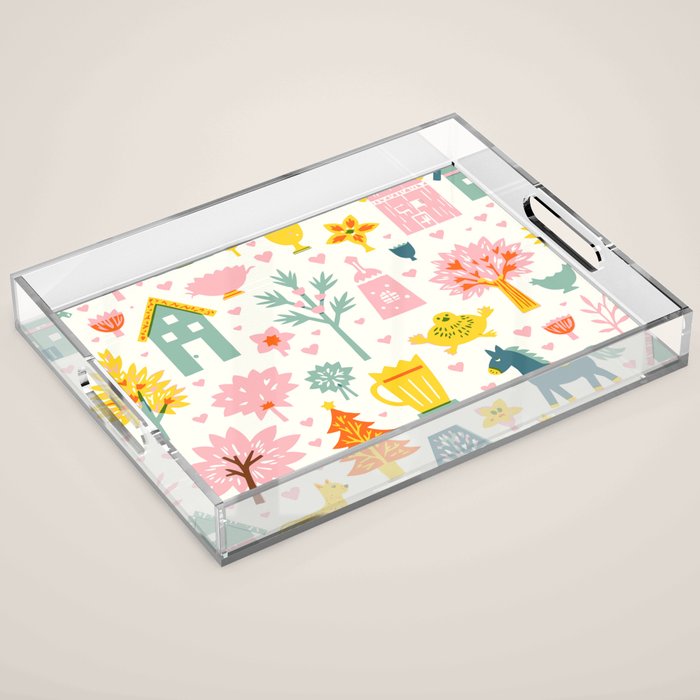 Whimsical Pattern Houses, Trees, and Animals in a Charming Design for Kids Acrylic Tray Gallery Image 1