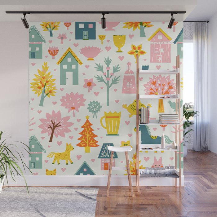 Whimsical Pattern Houses, Trees, and Animals in a Charming Design for Kids Wall Mural Gallery Image 1