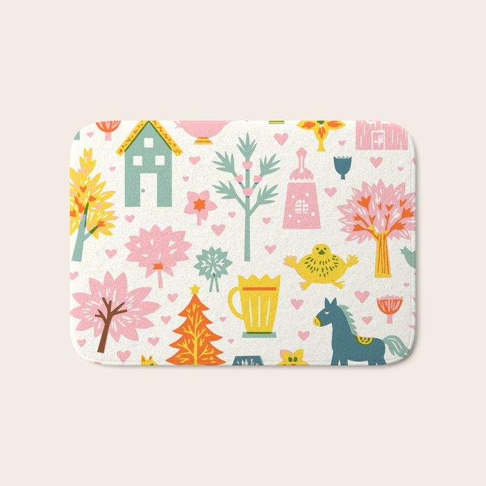 Whimsical Pattern Houses, Trees, and Animals in a Charming Design for Kids Bath Mat Gallery Image 1