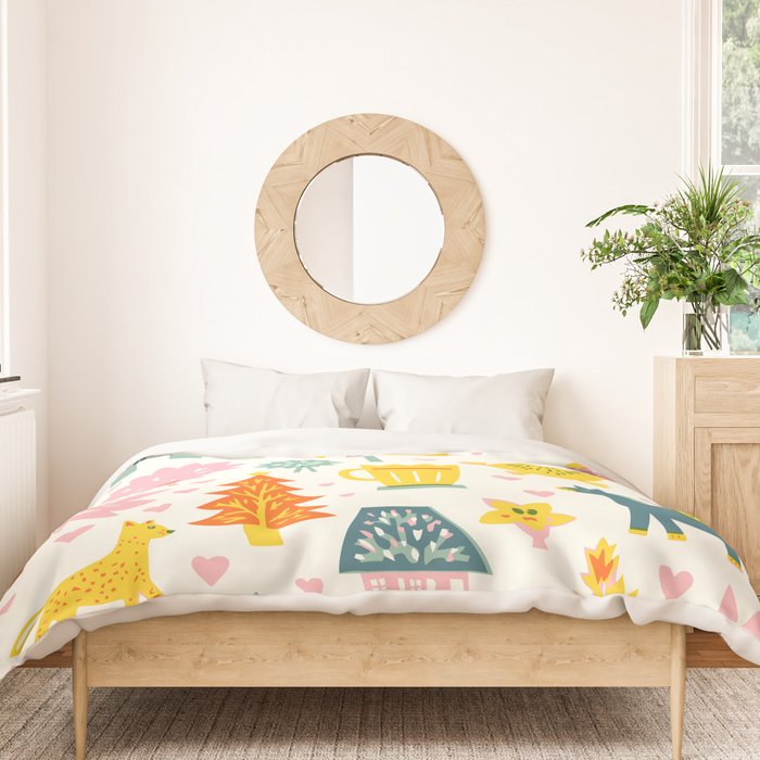 Whimsical Pattern Houses, Trees, and Animals in a Charming Design for Kids Duvet Cover Gallery Image 3