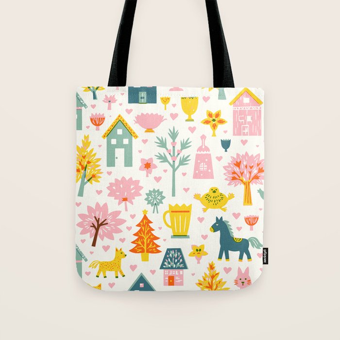 Whimsical Pattern Houses, Trees, and Animals in a Charming Design for Kids Tote Bag Gallery Image 1