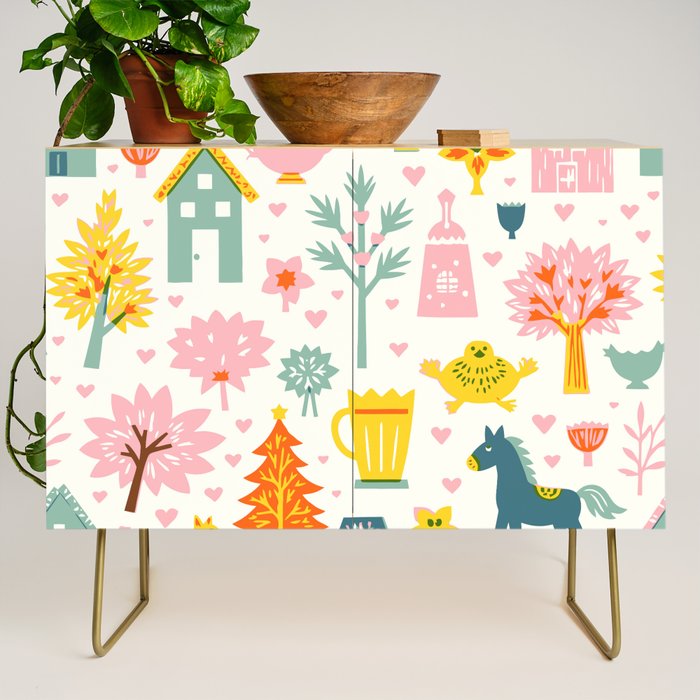 Whimsical Pattern Houses, Trees, and Animals in a Charming Design for Kids Credenza Gallery Image 1