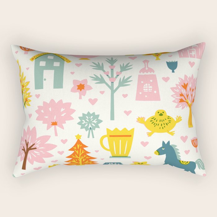 Whimsical Pattern Houses, Trees, and Animals in a Charming Design for Kids Rectangular Pillow Gallery Image 1
