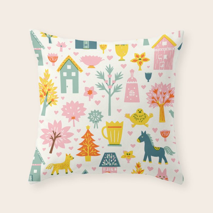 Whimsical Pattern Houses, Trees, and Animals in a Charming Design for Kids Throw Pillow Gallery Image 6