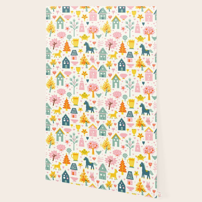 Whimsical Pattern Houses, Trees, and Animals in a Charming Design for Kids Wallpaper Gallery Image 2