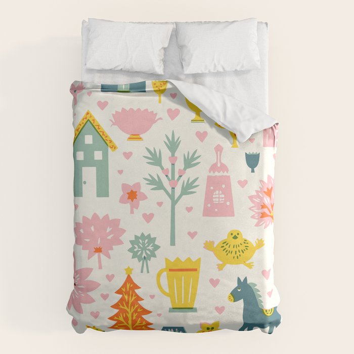 Whimsical Pattern Houses, Trees, and Animals in a Charming Design for Kids Duvet Cover Gallery Image 6