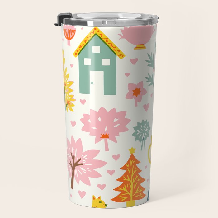 Whimsical Pattern Houses, Trees, and Animals in a Charming Design for Kids Travel Mug Gallery Image 3