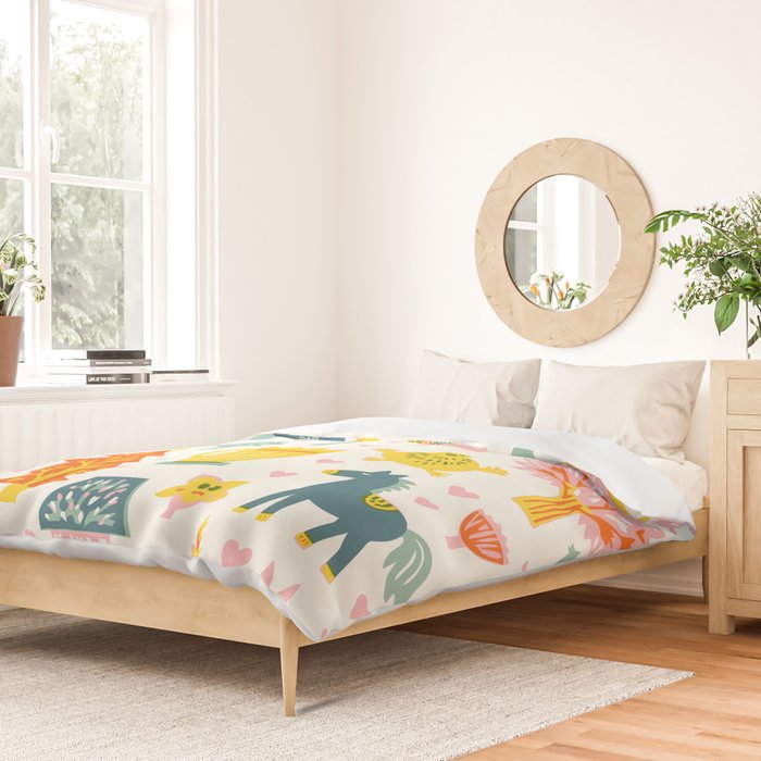 Whimsical Pattern Houses, Trees, and Animals in a Charming Design for Kids Duvet Cover Gallery Image 2