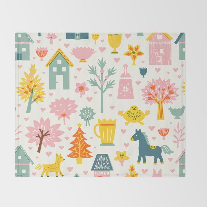 Whimsical Pattern Houses, Trees, and Animals in a Charming Design for Kids Throw Blanket Gallery Image 2