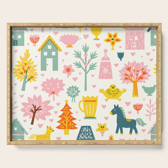 Whimsical Pattern Houses, Trees, and Animals in a Charming Design for Kids Serving Tray Gallery Image 1