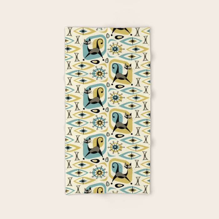 Mid Century Cat Abstract - Gld/Blu ©studioxtine Bath Towel