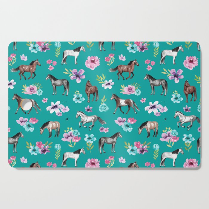 Horses and Flowers, Turquoise, Horse Decor, Horse Art, Western Decor Cutting Board Gallery Image 1