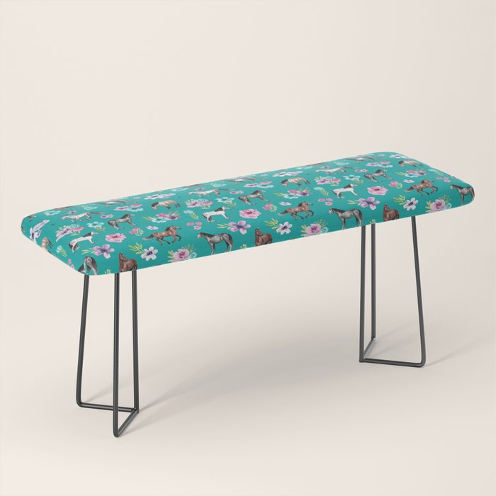 Horses and Flowers, Turquoise, Horse Decor, Horse Art, Western Decor Bench Gallery Image 1