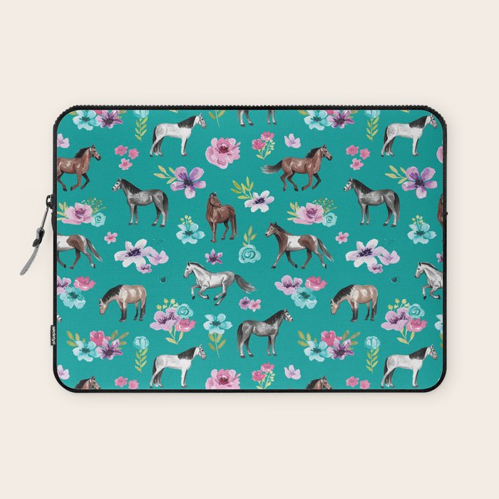 Horses and Flowers, Turquoise, Horse Decor, Horse Art, Western Decor Laptop Sleeve Gallery Image 1