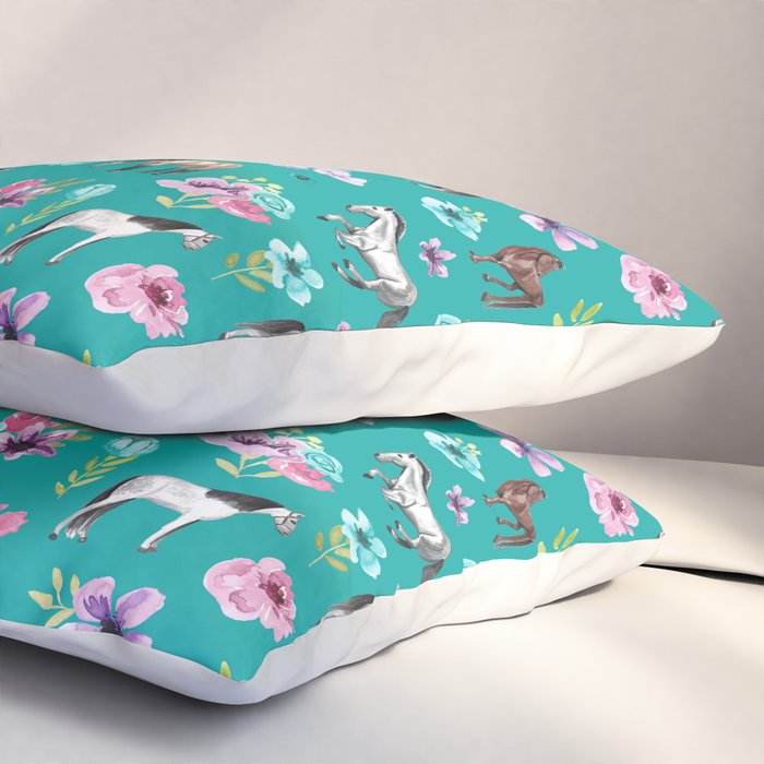 Horses and Flowers, Turquoise, Horse Decor, Horse Art, Western Decor Pillow Sham Gallery Image 3