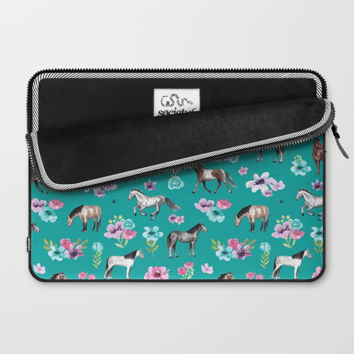 Horses and Flowers, Turquoise, Horse Decor, Horse Art, Western Decor Laptop Sleeve Gallery Image 2