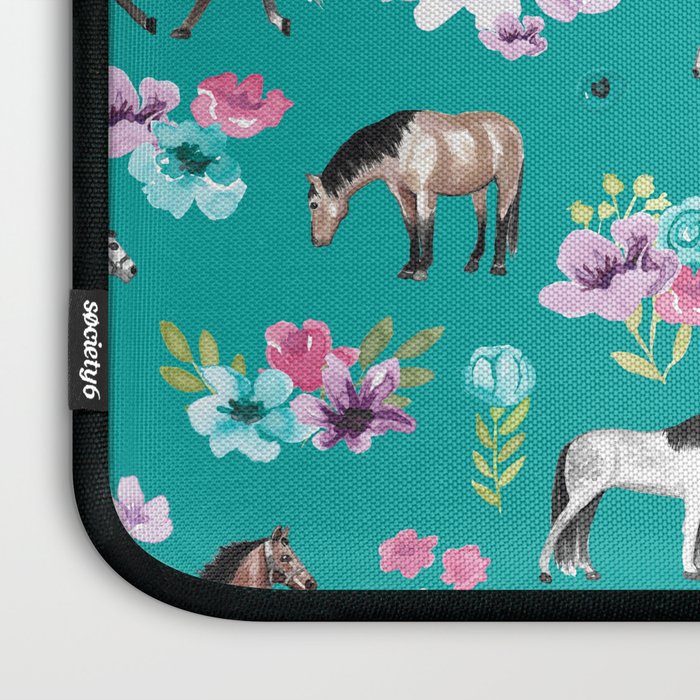 Horses and Flowers, Turquoise, Horse Decor, Horse Art, Western Decor Laptop Sleeve Gallery Image 3
