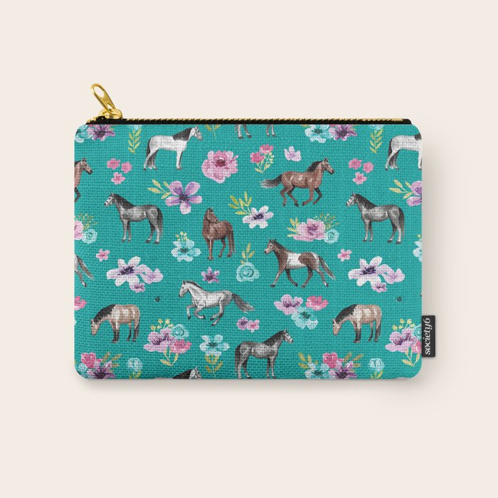 Horses and Flowers, Turquoise, Horse Decor, Horse Art, Western Decor Carry All Pouch Gallery Image 1