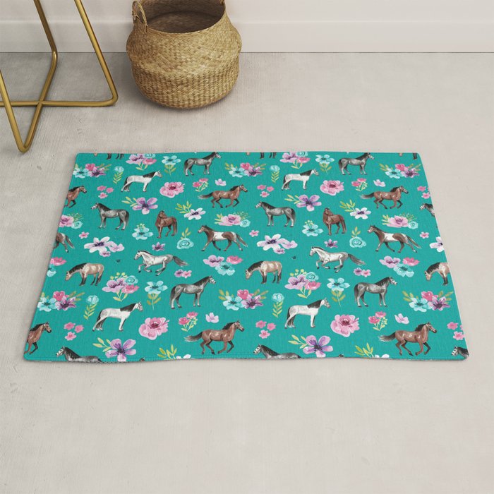 Horses and Flowers, Turquoise, Horse Decor, Horse Art, Western Decor Rug Gallery Image 1