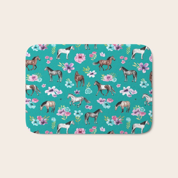 Horses and Flowers, Turquoise, Horse Decor, Horse Art, Western Decor Bath Mat Gallery Image 1