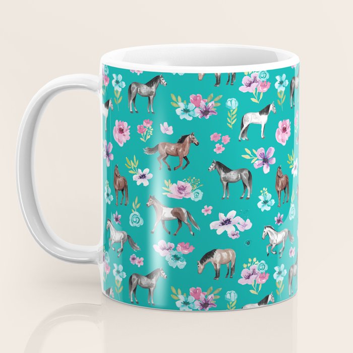 Horses and Flowers, Turquoise, Horse Decor, Horse Art, Western Decor Coffee Mug Gallery Image 3