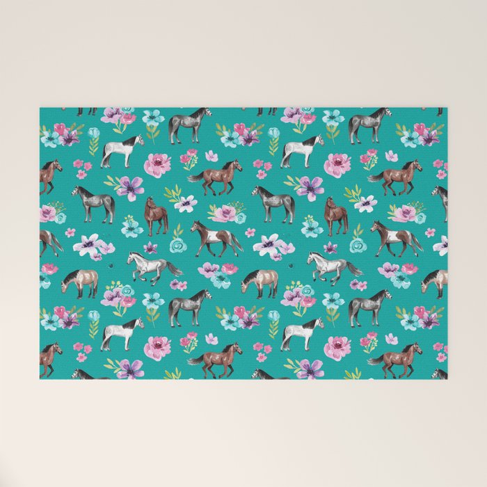 Horses and Flowers, Turquoise, Horse Decor, Horse Art, Western Decor Welcome Mat Gallery Image 1