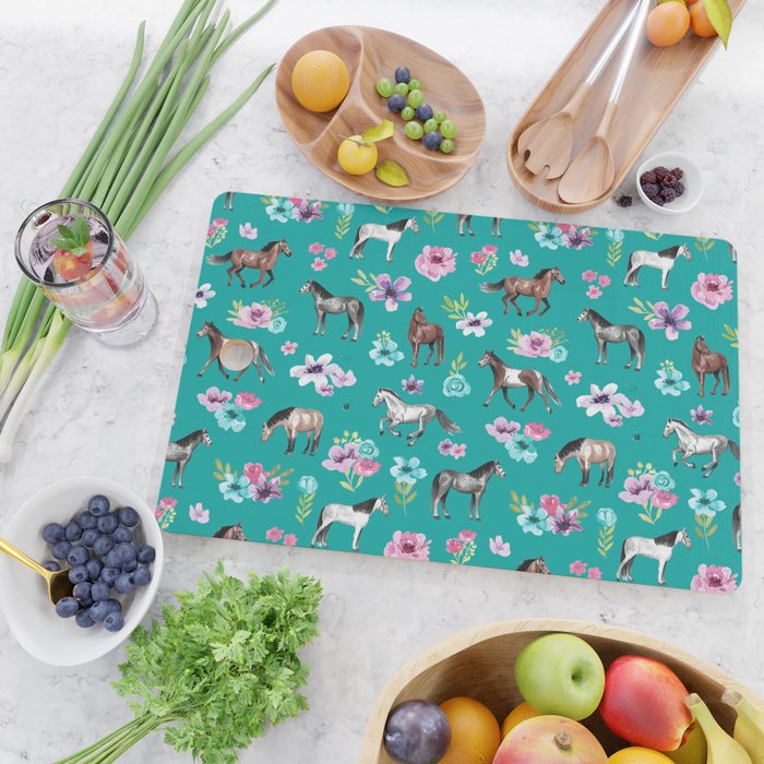 Horses and Flowers, Turquoise, Horse Decor, Horse Art, Western Decor Cutting Board Gallery Image 2
