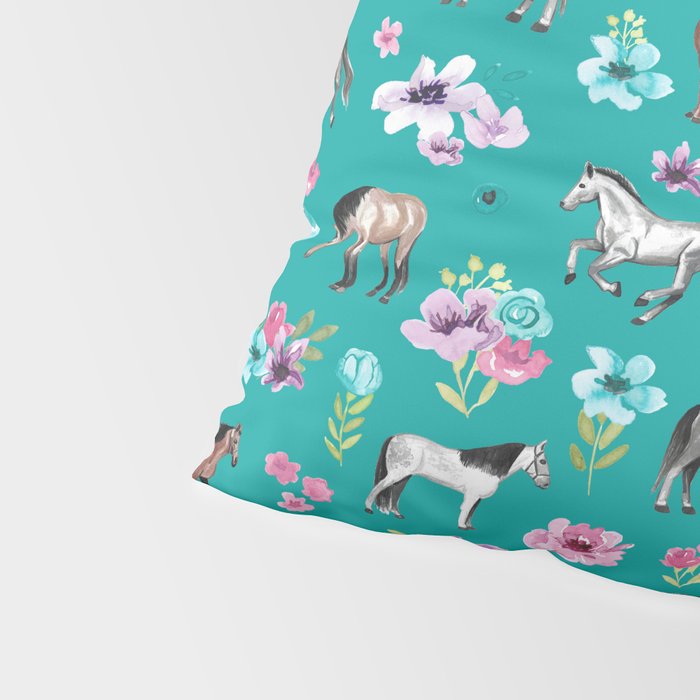 Horses and Flowers, Turquoise, Horse Decor, Horse Art, Western Decor Pillow Sham Gallery Image 4