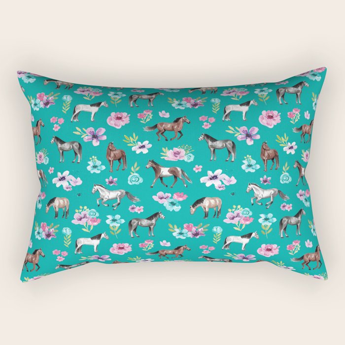 Horses and Flowers, Turquoise, Horse Decor, Horse Art, Western Decor Rectangular Pillow Gallery Image 2