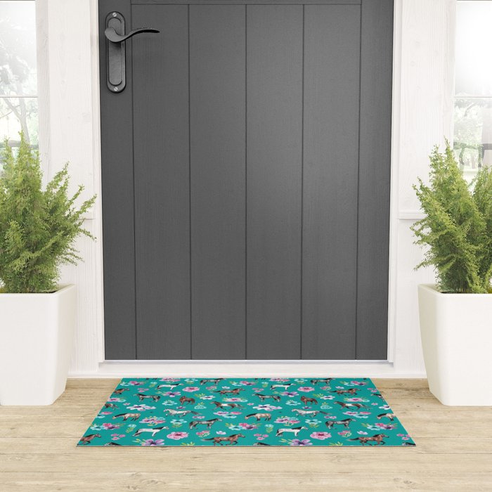 Horses and Flowers, Turquoise, Horse Decor, Horse Art, Western Decor Welcome Mat Gallery Image 3