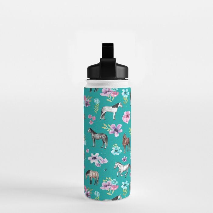 Horses and Flowers, Turquoise, Horse Decor, Horse Art, Western Decor Water Bottle Gallery Image 2