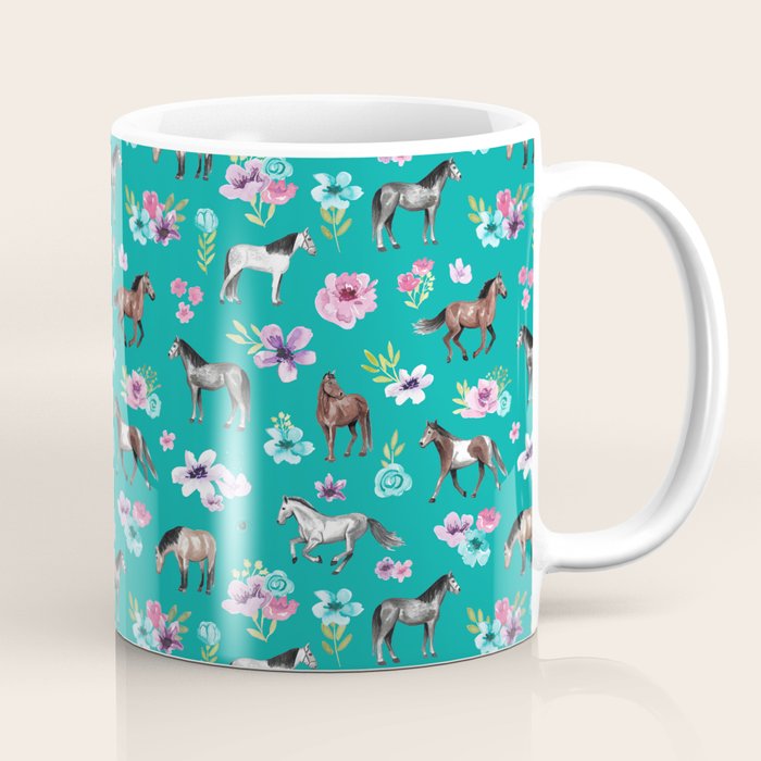 Horses and Flowers, Turquoise, Horse Decor, Horse Art, Western Decor Coffee Mug Gallery Image 1
