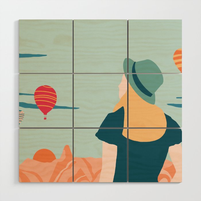 Cappadocia, girl looking at hot-air baloons Wood Wall Art Gallery Image 1