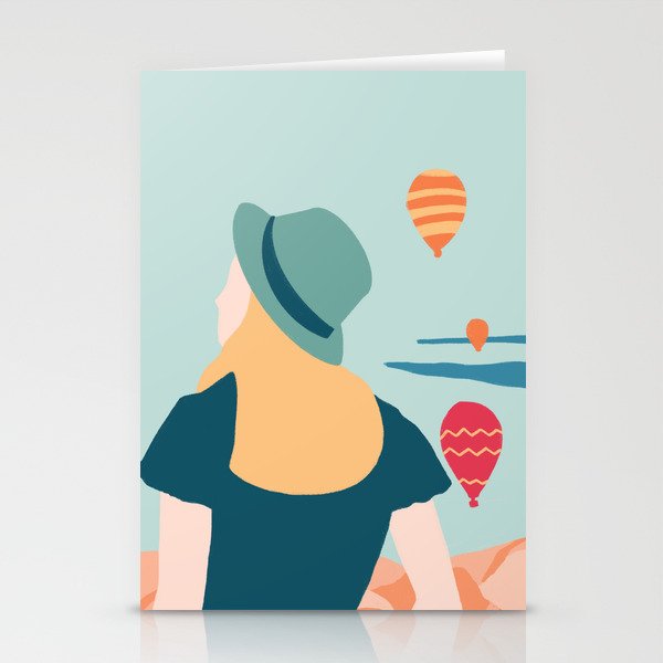 Cappadocia, girl looking at hot-air baloons Stationery Card Gallery Image 1