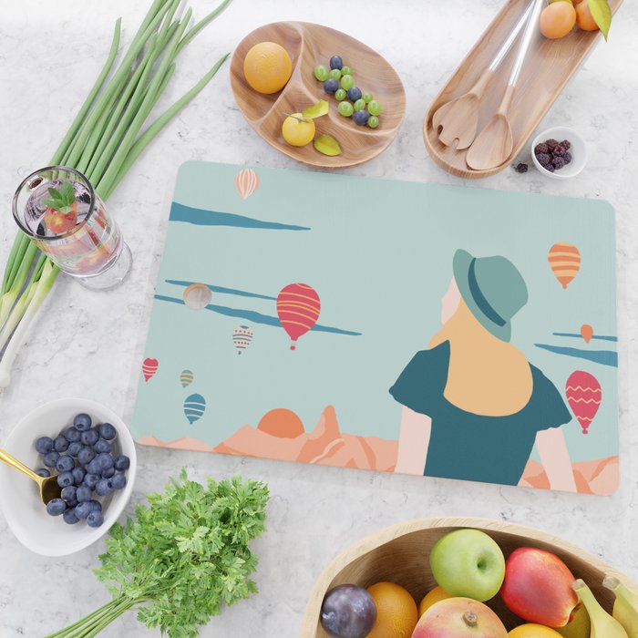 Cappadocia, girl looking at hot-air baloons Cutting Board Gallery Image 2