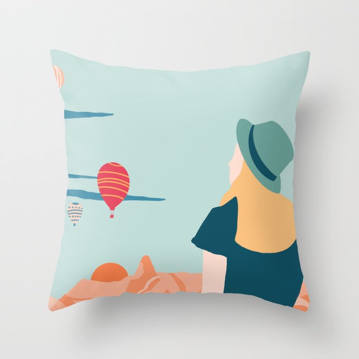 Cappadocia, girl looking at hot-air baloons Throw Pillow Gallery Image 6