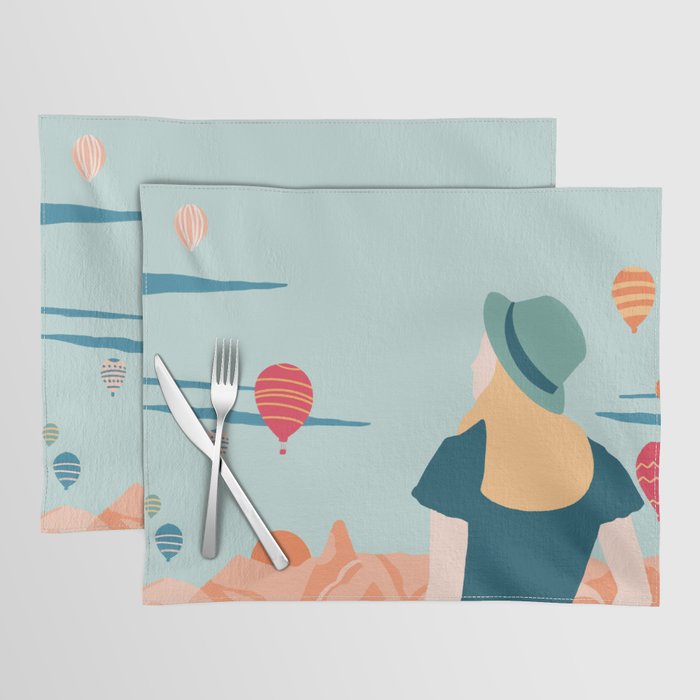 Cappadocia, girl looking at hot-air baloons Placemat Gallery Image 1