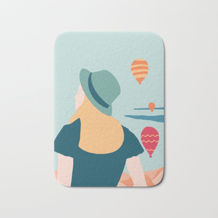 Cappadocia, girl looking at hot-air baloons Bath Mat Gallery Image 1