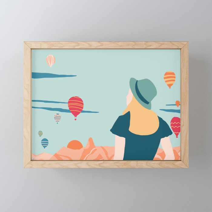 Cappadocia, girl looking at hot-air baloons Mini Art Print Gallery Image 1