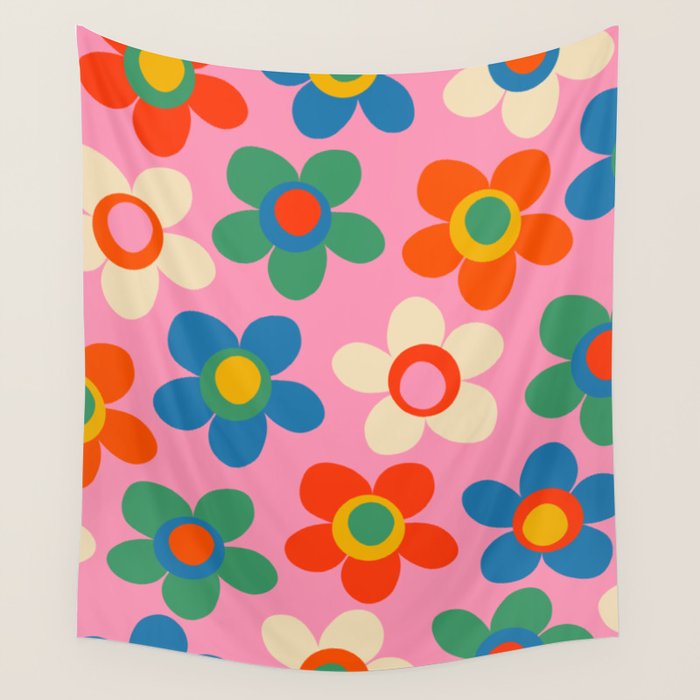 Cheerful Maisie Flowers Colorful Floral Pattern on Pink Wall Tapestry Gallery Image 4