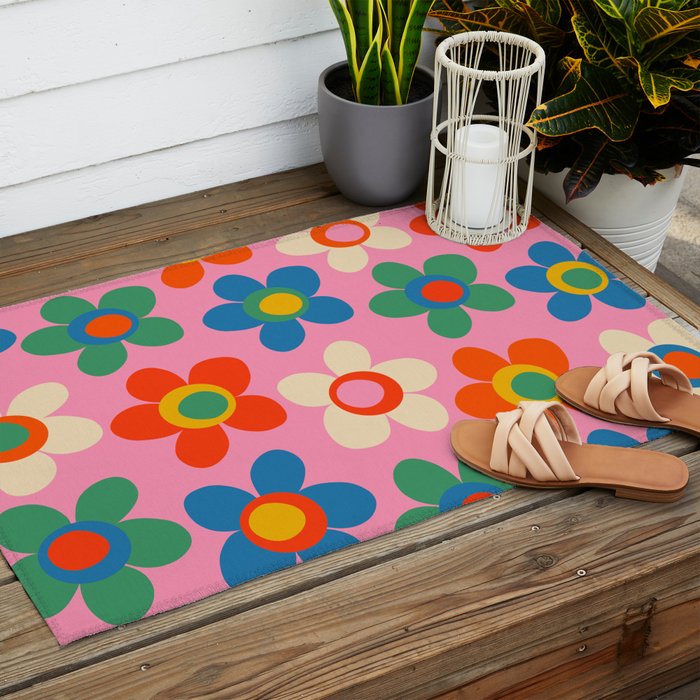 Cheerful Maisie Flowers Colorful Floral Pattern on Pink Outdoor Rug Gallery Image 2